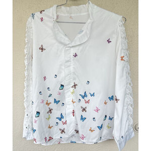 White Butterfly Print Blouse Button Front Lace Floral Sleeve Boho Fairy Size 2XL